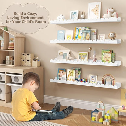 Fun Memories 36 Inch Scalloped Shelf, White Picture Ledge Shelf for Wall, Set of 4, Kids Book Shelves with Floating Design for Kids Rooms, Bedroom