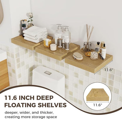 Fun Memories 12 Inch Square Floating Shelves 3 Pack - Wall Shelves with Invisible Brackets, Small Floating Shelves for Wall, Oak Wood Shelves for Bathroom, Living Room, Bedroom, and Kitchen Decor