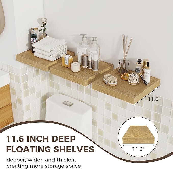 Fun Memories 12 Inch Square Floating Shelves 3 Pack - Wall Shelves with Invisible Brackets, Small Floating Shelves for Wall, Oak Wood Shelves for Bathroom, Living Room, Bedroom, and Kitchen Decor