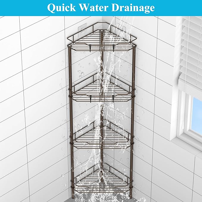 4 Tier Floor Standing Corner Shower Caddy Organizer Shelf with Hooks, Bathroom Shelves Stand Rack, Bronze
