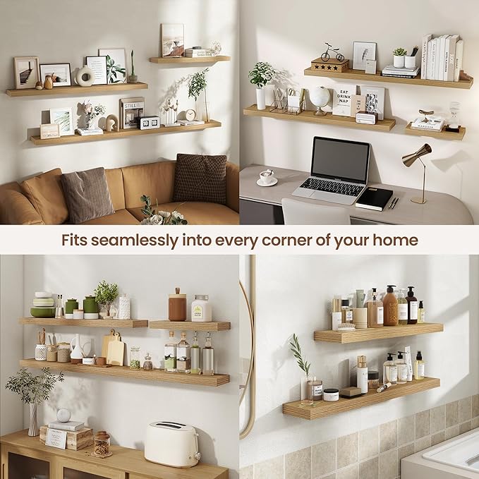 48 Inch Floating Shelves for Wall 2 Pack, 48" Wall Shelves for Books, Storage, Decor, Wall Mounted Floating Shelf with Invisible Brackets for Kitchen, Living Room, Light Brown