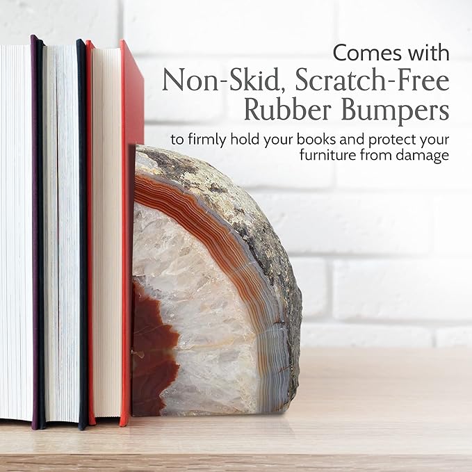 Nature's Decorations Agate Bookends - A Quality Brown Geode with Non-Skid Rubber Bumpers for Shelves, Office, Home Decor - Heavy Duty Cool Crystal Stone (2-3 LB)