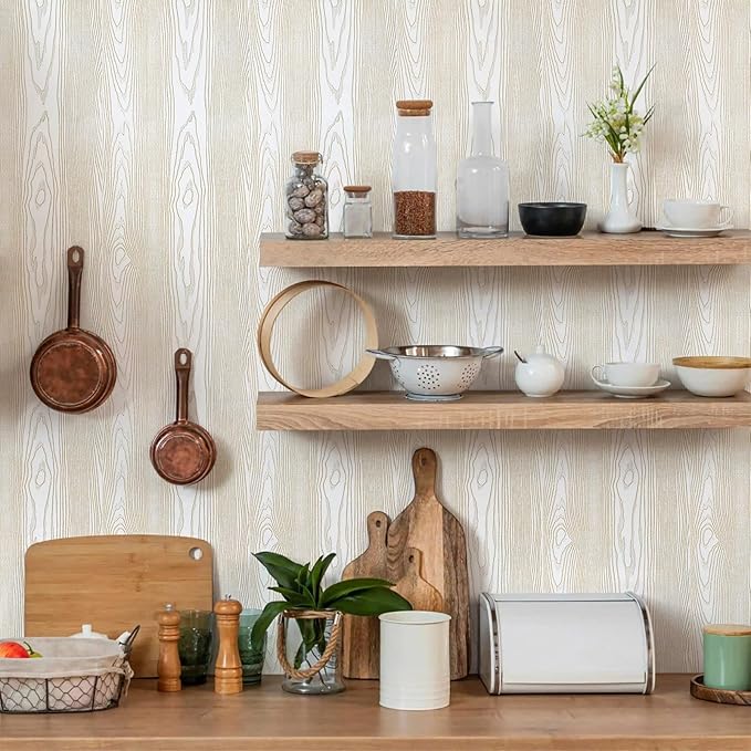 Yun-aeon White and Gold Wood Contact Paper 17.3"x120" Rustic Wooden Peel and Stick Wallpaper Removable Self-Adhesive Wallpaper Wood Grain Contact Paper for Countertops Cabinets