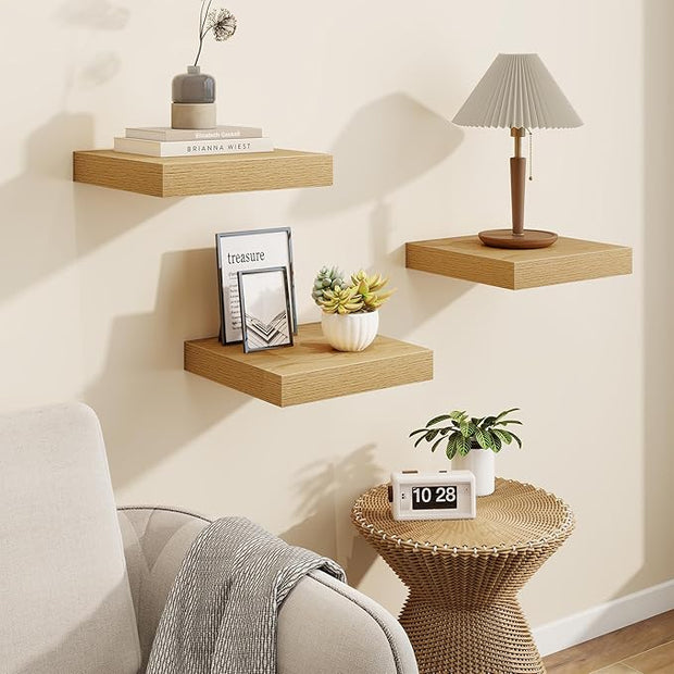 Marsmiles Square Floating Shelves for Wall, 10" W x 10" D x 1.25" H, 3 Packs Small Wall Mounted Engineered Wood Shelves with Invisible Brackets for Living Room, Bedroom, Bathroom, Kitchen Decor, Oak