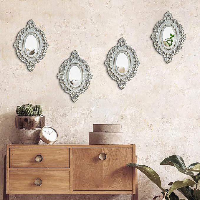 ZEXUIRU Set of 4 Wooden Rustic Wall Mirror Vintage Style Decorative Entry Mirror Farmhouse Wall Decoration for Living Room Bedroom Bathroom Kitchen