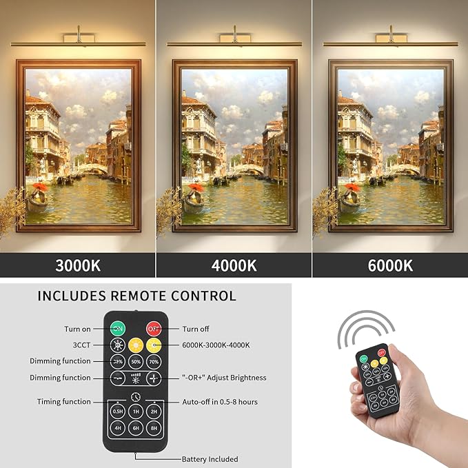 Wireless Picture Lights for Wall Rechargeable, Battery Operated Art Light for Paintings, 3CCT Dimmable 24inch Brass Finish with Remote, 10000mAh Rotatable Gallery Light for Pictures Display