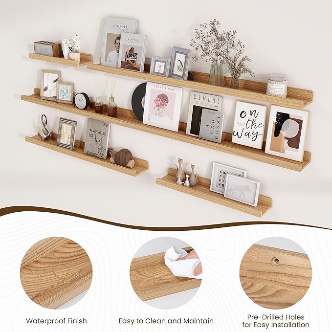 Floating Shelves for Wall - Natural Wood Picture Ledge Shelf Set of 2 - Solid Ash Wood Wall Shelves with Lip - Picture Frame Shelf Nursery Bookshelf