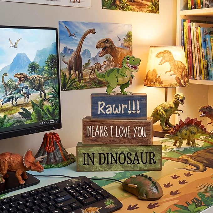 4 Pcs Dinosaur Table Decorations Wooden Dinosaur Decor Dino Safari Party Centerpieces for Table Jungle Animal Theme Baby Shower Tabletop Stand for Boys Girls Birthday Party Decorations