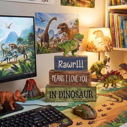 4 Pcs Dinosaur Table Decorations Wooden Dinosaur Decor Dino Safari Party Centerpieces for Table Jungle Animal Theme Baby Shower Tabletop Stand for Boys Girls Birthday Party Decorations