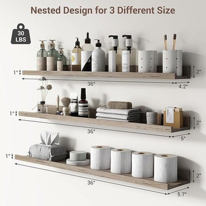 Axeman 36 Inch Floating Shelves | Grey Picture Ledge Shelf Set of 3 | Rustic Grey Wood Wall Shelves with Lip | 36" Picture Shelf for Wall with Ledge | Photo Shelves
