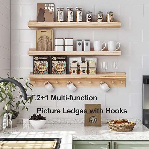 MBYD Natural Wood Shelf with Hooks, Floating Shelves for Wall Bathroom Shelves, Wall Mounted Nursery Bookshelf for Kids Room, Toy Storage Shelf for Bedroom Picture Ledge Shelves (Natural, 36 Inch)