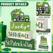 Marsui 4 Pcs St Patrick's Day Table Decorations Green Shamrocks Wooden Signs Block Farmhouse Irish Tiered Tray Decor Rustic St. Patrick's Day Table Centerpieces for Home Office Desk Shelf Mantel Decor