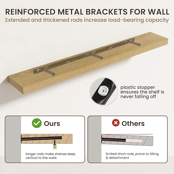 55 Inch Floating Shelves | 6.5 Inch Deep Oak Floating Shelves Set of 2 | 55" W x 6.5" D Rustic Oak Shelves with Invisible Brackets for Bathroom Living Room Bedroom