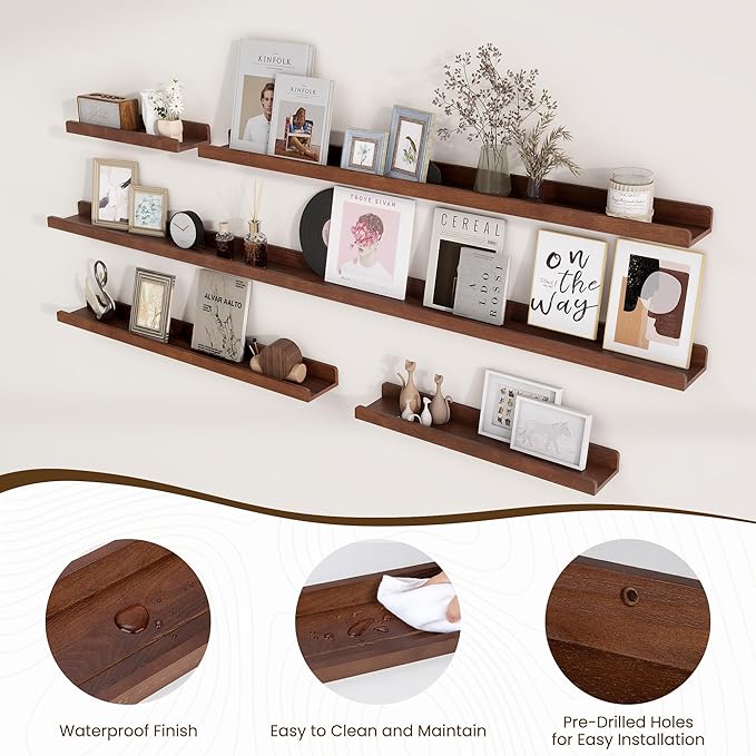 Floating Shelves for Wall - Wood Picture Ledge Shelf Set of 2 - Dark Wood Wall Shelves with Lip - Walnut Picture Frame Shelf