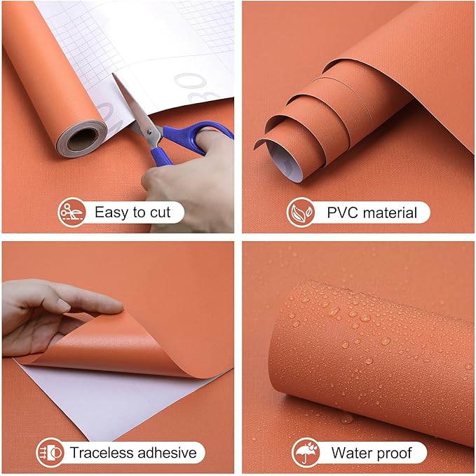 Amiya Orange Peel and Stick Wallpaper Solid Color Textured Contact Paper Pure Orange Self Adhesive Wallpaper Matte Removable Wall Paper Decorative Walls Decal Vinyl Roll A Set of15.7×400
