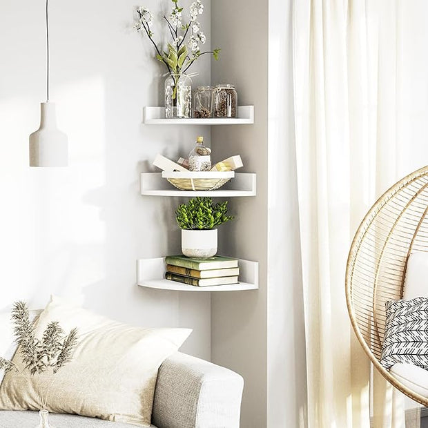 Alsonerbay White Corner Shelf Wall Mount, Set of 3 Floating Shelves for Storage and Display, Rustic Wood Shelves for Bedroom, Living Room, Bathroom, Entryway, Garage