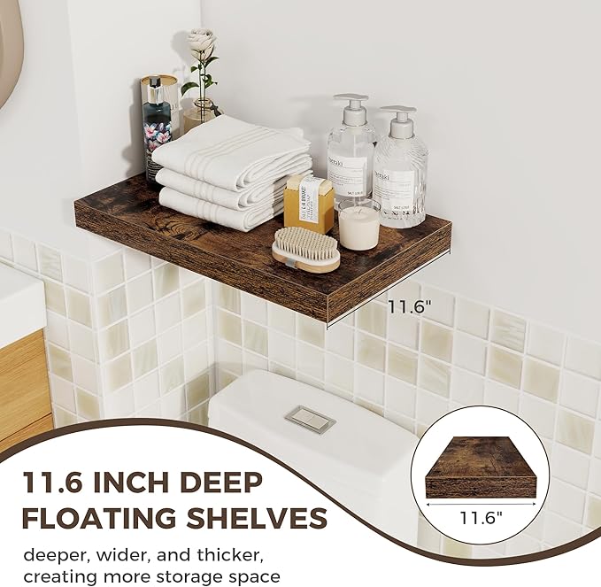 Fun Memories 12 Inch Deep Floating Shelves for Wall, 20 Inch Long Wall Mounted Storage Shelf, 3 Pack Hanging Wood Shelf for Farmhouse, Bedroom, Kitchen, Living Room, Rustic Brown