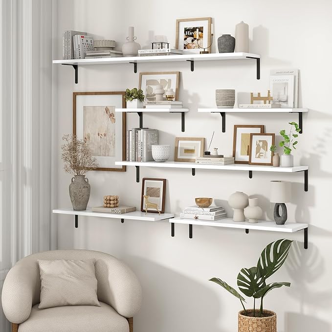 Fun Memories Deep Floating Shelves, 16W x 8D Floating Shelves Set of 2, Wall Mounted Shelf with Metal Brackets, Rustic Wood Wall Shelf for Bathroom, Kitchen and Living Room, White
