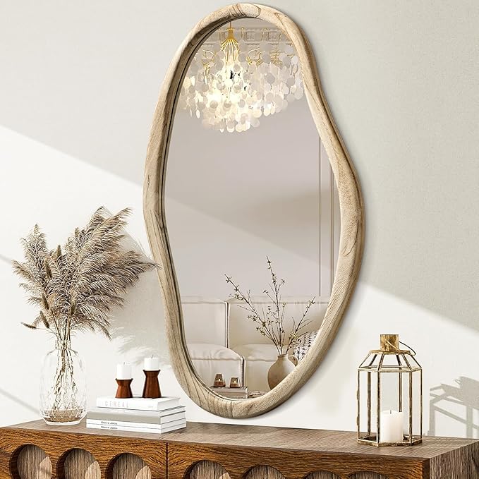 JJUUYOU Irregular Wood Mirror Asymmetrical Bathroom Wall Mounted Mirror 34