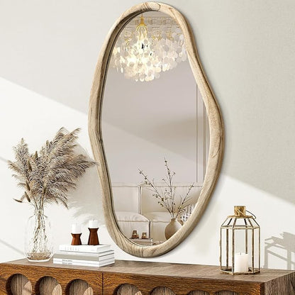 JJUUYOU Irregular Wood Mirror Asymmetrical Bathroom Wall Mounted Mirror 34"x22" Large Horizontal or Vertical Hanging Wall Mirrors for Makeup Bedroom Living Room Wood
