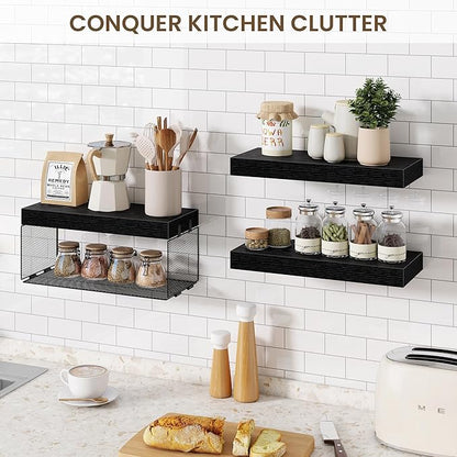 Bathroom Floating Shelves for Wall,16 inch Wall Mounted Floating Shelf Toilet Organizer and Storage,Small Farmhouse Decor Shelf,Black,Set of 3