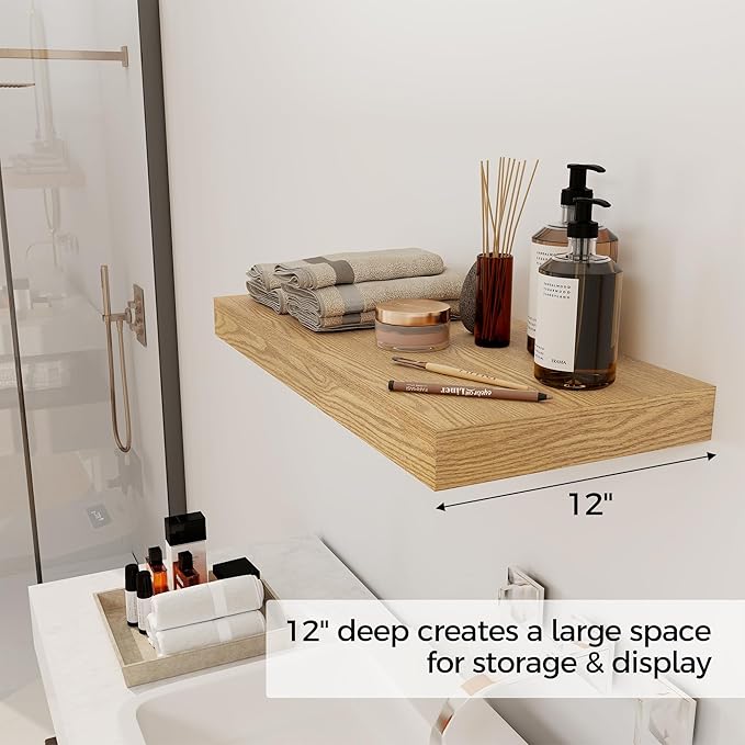 12 Inch Deep Floating Shelves, 24 x 12 Floating Shelf for Books, Rustic Wood Deep Wall Shelves for Home Storage & Display, 2