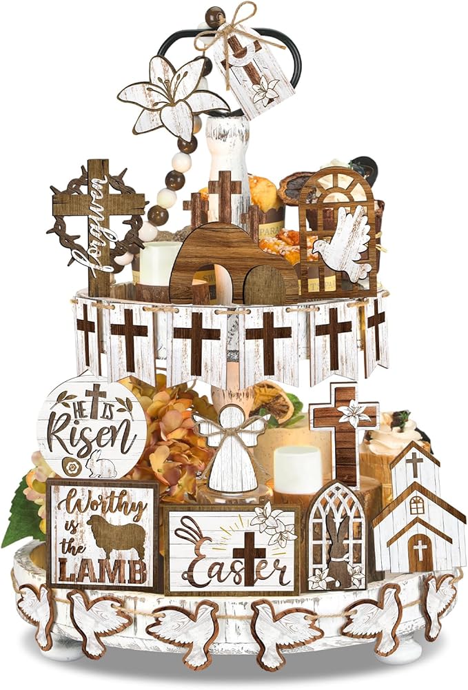 Amyhill 31 Pcs Religious Easter Tiered Tray Decor Christian Easter Decorations He is Risen Christian Wooden Signs Farmhouse Cross Lily Dove Table Decor for Home Kitchen Shelf Coffee Bar