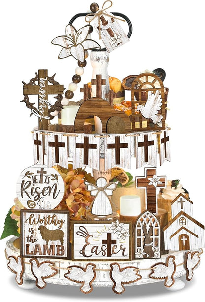 Amyhill 31 Pcs Religious Easter Tiered Tray Decor Christian Easter Decorations He is Risen Christian Wooden Signs Farmhouse Cross Lily Dove Table Decor for Home Kitchen Shelf Coffee Bar
