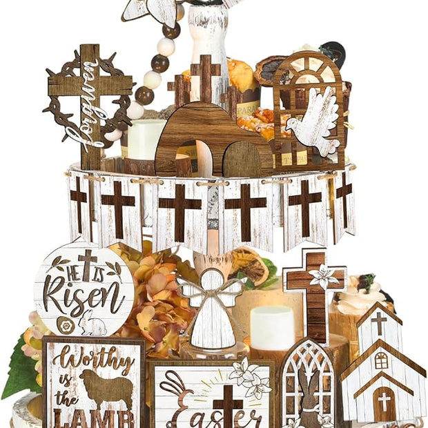 Amyhill 31 Pcs Religious Easter Tiered Tray Decor Christian Easter Decorations He is Risen Christian Wooden Signs Farmhouse Cross Lily Dove Table Decor for Home Kitchen Shelf Coffee Bar