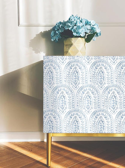 EeeComing Blue Peel and Stick Wallpaper Boho Wall Paper Peel and Stick Modern Contact Paper Self Adhesive Wallpaper for Bedroom and Bathroom Wallpaper Removable Cabinet Shelf Liner Vinyl 17.3”X197”