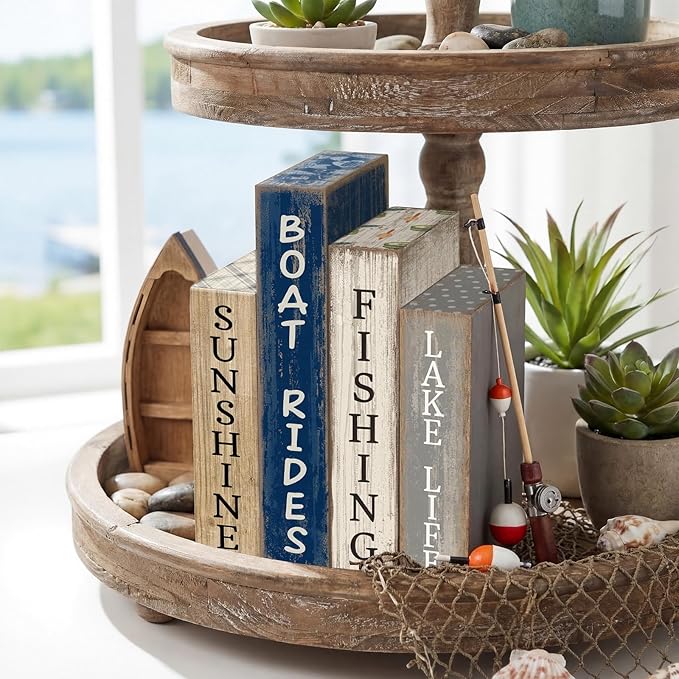4 Pcs Summer Lake House Decor Stacked Wooden Block Set with Lake Life Boat Rides Fishing Sunshine Blue White Summer Table Decor Wooden Book Signs for Fishing & Boating Lovers Gifts