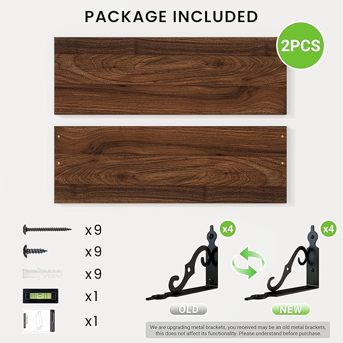 RICHFOCUS Floating Shelves for Wall Decor, 24Inch Shelves Set of 2, 24W x 8D Floating Shelves Wall Mounted with Metal Brackets, Rustic Wood Shelves for Living Room Bedroom Kitchen, Walnut