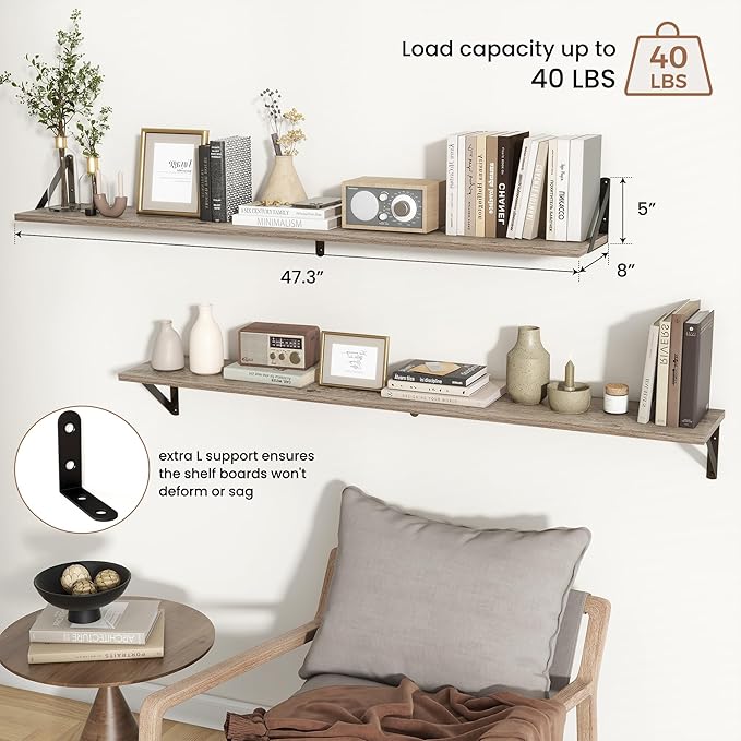 Axeman 48 Inch Floating Shelves | 8 Inch Deep Grey Wall Shelves Set of 2 | 47.3" W x 8" D Rustic Grey Wood Shelves for Bathroom Kitchen Living Room