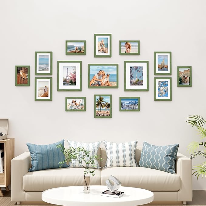 Vittanly 15 Pack Picture Frames Collage Wall Decor for Mounting or Tabletop Display, Gallery Frame Set for Family, Multi Sizes Including 3pcs 8x10, 6pcs 5x7, 6pcs 4x6, Rustic Green