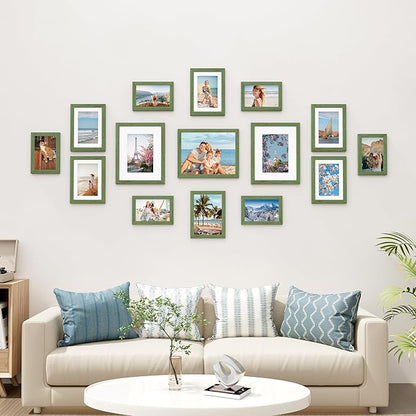 Vittanly 15 Pack Picture Frames Collage Wall Decor for Mounting or Tabletop Display, Gallery Frame Set for Family, Multi Sizes Including 3pcs 8x10, 6pcs 5x7, 6pcs 4x6, Rustic Green