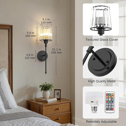 DORESshop Battery Operated Wall Sconce Set of 2, Wireless Wall Light, 15 Color Rechargeable Wall Sconces, Sconce Wall Decor Set of 2 for Bedroom, Living Room, Black and Crystal, 24.6in