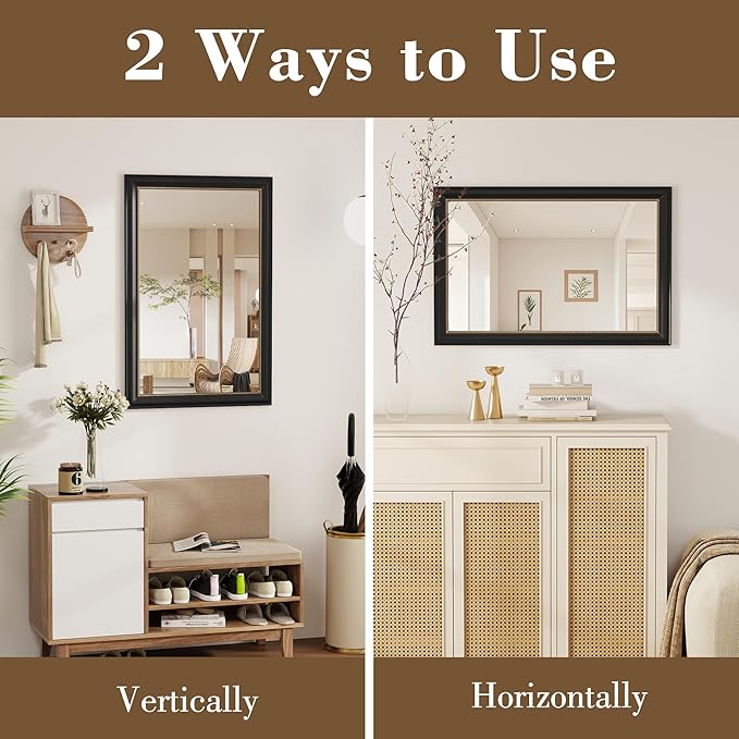 Axeman 28x36 Rectangular Wall Mirror, Decorative Bathroom Mirror, Traditional Vintage Wall Mounted Mirror with Beaded Frame for Accent Living Room Vanity Bedroom Entryway, Black