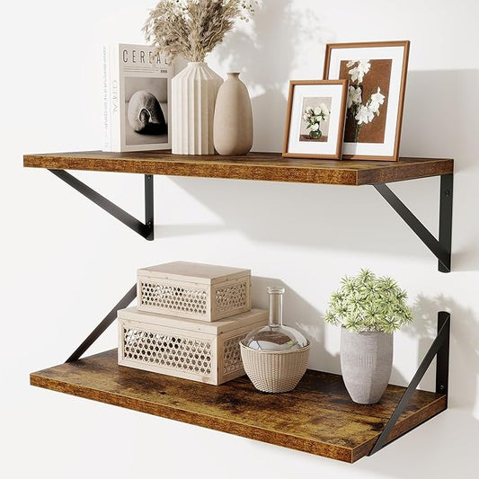Deep Floating Shelves,24" Wx10 D Floating Shelf for Wall Set of 2,Hanging Storage Shelf with Metal Brackets,Wide Display Wall Shelves for Living Room,Bedroom,Bathroom,Kitchen,Rustic Brown