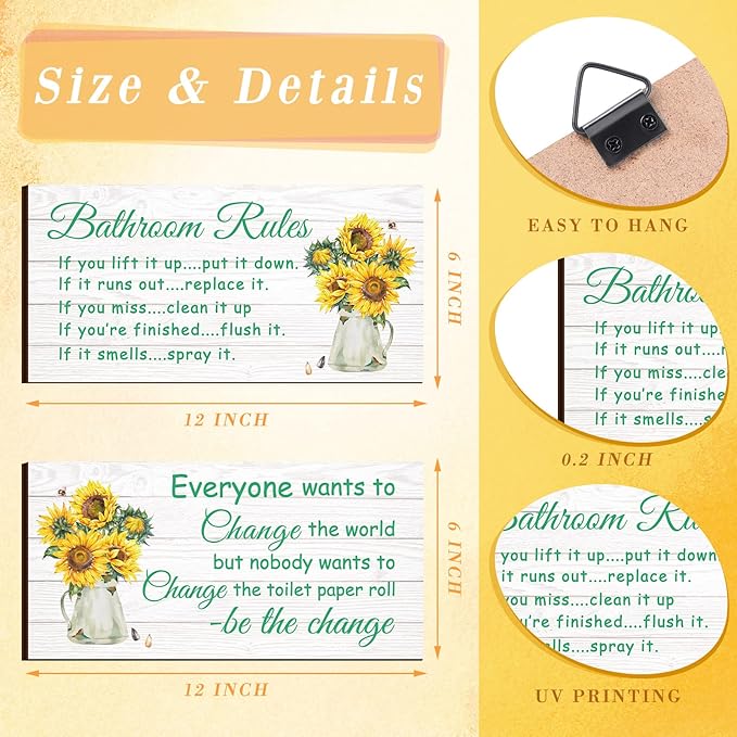 Jetec 2 Pieces Funny Bathroom Signs Bathroom Wall Decor Toilet Wall Accessories Farmhouse Toilet Rustic Wooden Signs, 12x6 Inch(Sunflower Style)