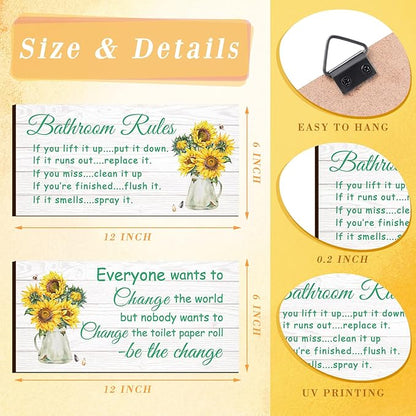 Jetec 2 Pieces Funny Bathroom Signs Bathroom Wall Decor Toilet Wall Accessories Farmhouse Toilet Rustic Wooden Signs, 12x6 Inch(Sunflower Style)