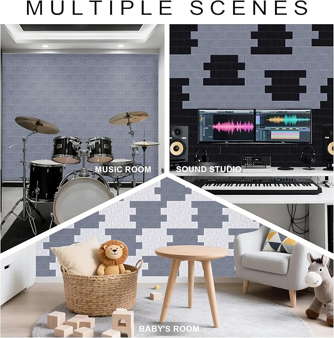 WoveN SounD Brick Acoustic Wall Panels Seamless Visual, High Density, Sound Proof Wall Decor, Noise Blocker Felt Wall Tiles for Home, Studio, Office & Focus Zones (Moon Gray), 16x12x0.4 Inch