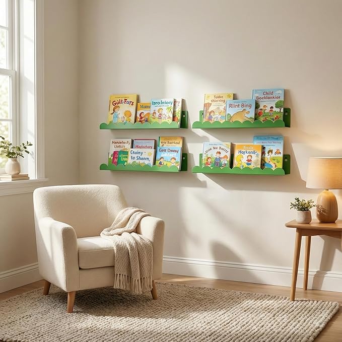 Nursery Book Shelves Set of 6, Green Metal Floating Shelves for Wall, 16 Inch Scalloped Book Shelf for Kids Room, Bathroom, Bedroom, Playroom Wall Decor & Storage