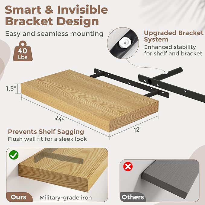 24 Inch Floating Shelves for Wall Set of 2, 12