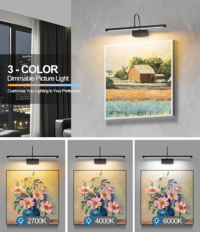 Battery Operated Picture Light with Remote, 24 inch Wireless Rechargeable Art Light with Timer, Dimmable 3CCT Gallery Lighting for Paintings, Portraits, and Canvas (Black)