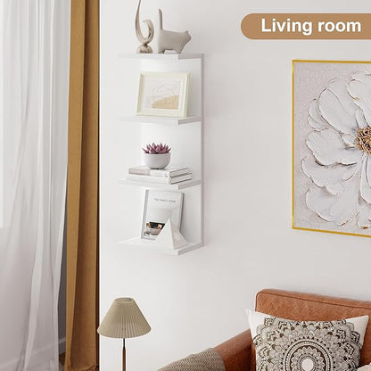 Fun Memories 4 Tier Wall Shelf Unit, Vertical Floating Shelf, Wall Mount Lack Shelving Home Decor Organizer Tall Tower Design Utility Shelving for Bedroom Living Room, White