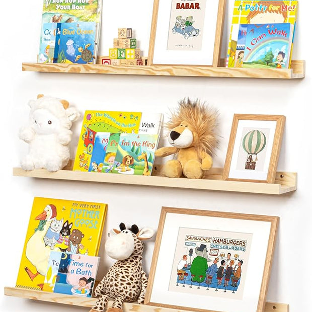 Picture Ledge Shelf for Wall, 36 inches Solid Pine Wood Nursery Book Shelves 3 Packs, Floating Ledge Shelves for Kids' Room Bedroom Bathroom Living Room Photo Frames Office Nursey Wall Decor, Natural
