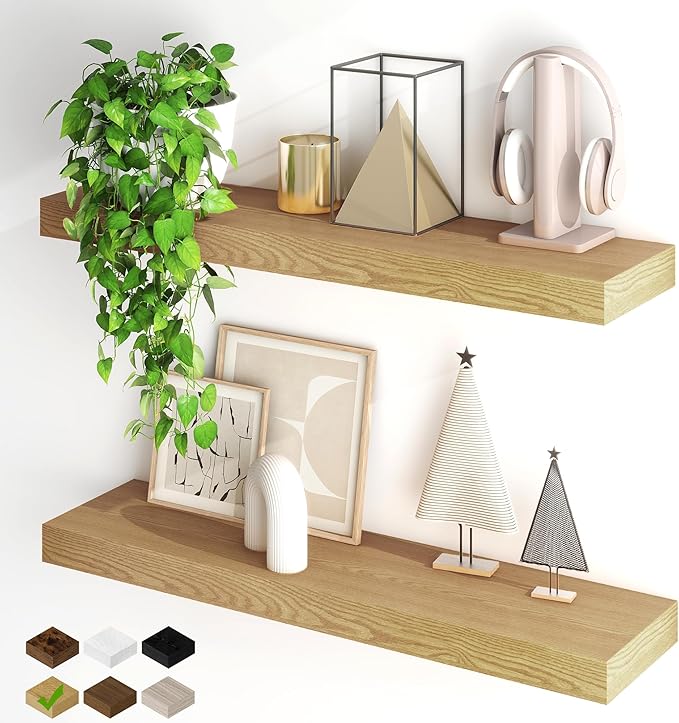 Fun Memories Floating Shelves for Wall, 32Inch Floating Shelves Set of 2, Hanging Shelf with Invisible Brackets, Wood Shelves for Living Room, Bedroom, Kitchen, Oak