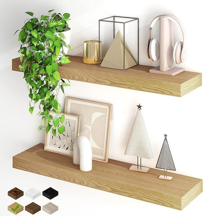 Fun Memories Floating Shelves for Wall, 32Inch Floating Shelves Set of 2, Hanging Shelf with Invisible Brackets, Wood Shelves for Living Room, Bedroom, Kitchen, Oak