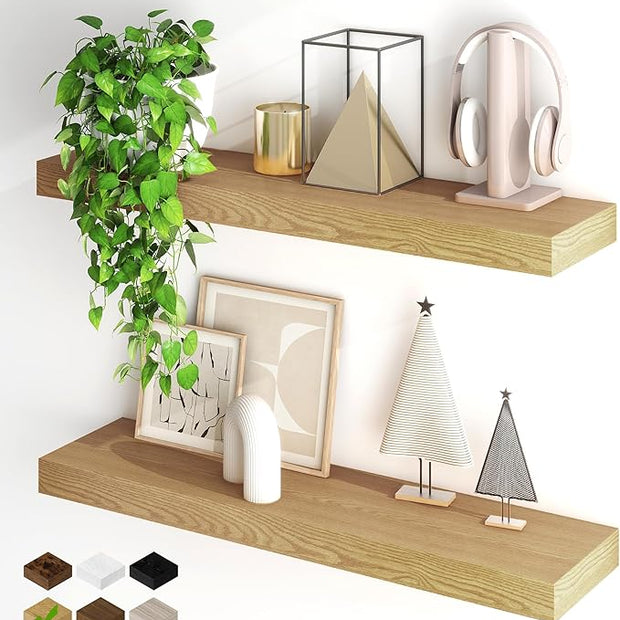Fun Memories Floating Shelves for Wall, 32Inch Floating Shelves Set of 2, Hanging Shelf with Invisible Brackets, Wood Shelves for Living Room, Bedroom, Kitchen, Oak