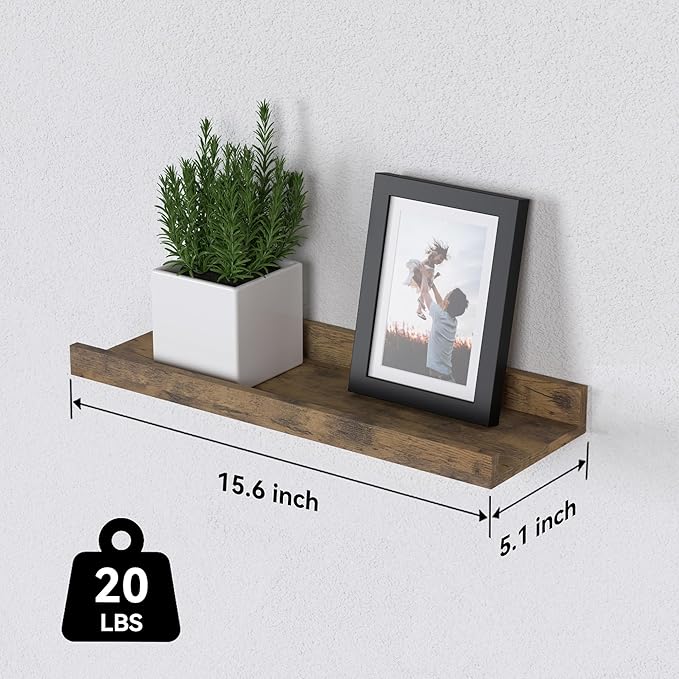 Floating Shelves Set of 6, Farmhouse Wall Shelves with Lip, Display Shelves for Wall Decor, Rustic Picture Ledge for Living Room, Bedroom, Nursery, Bathroom, Pictures, Books, Plants- Brown